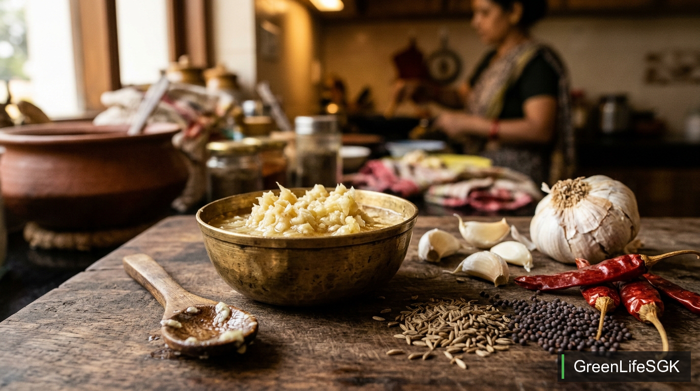 Crushed garlic in brass bowl with Indian spices