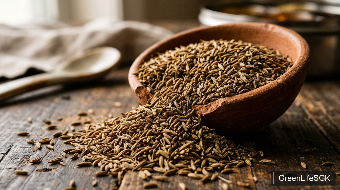 Fragrant whole cumin seeds jeera overflowing from an authentic terracotta bowl on rustic wood